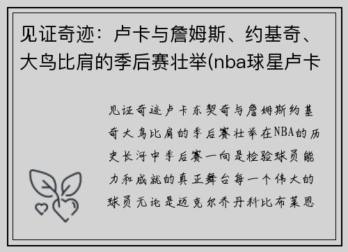 见证奇迹：卢卡与詹姆斯、约基奇、大鸟比肩的季后赛壮举(nba球星卢卡斯)