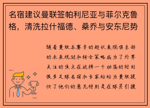 名宿建议曼联签帕利尼亚与菲尔克鲁格，清洗拉什福德、桑乔与安东尼势在必行