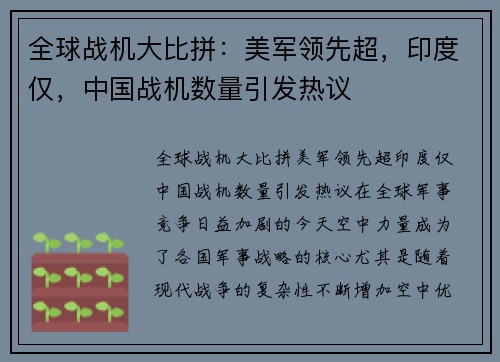 全球战机大比拼：美军领先超，印度仅，中国战机数量引发热议